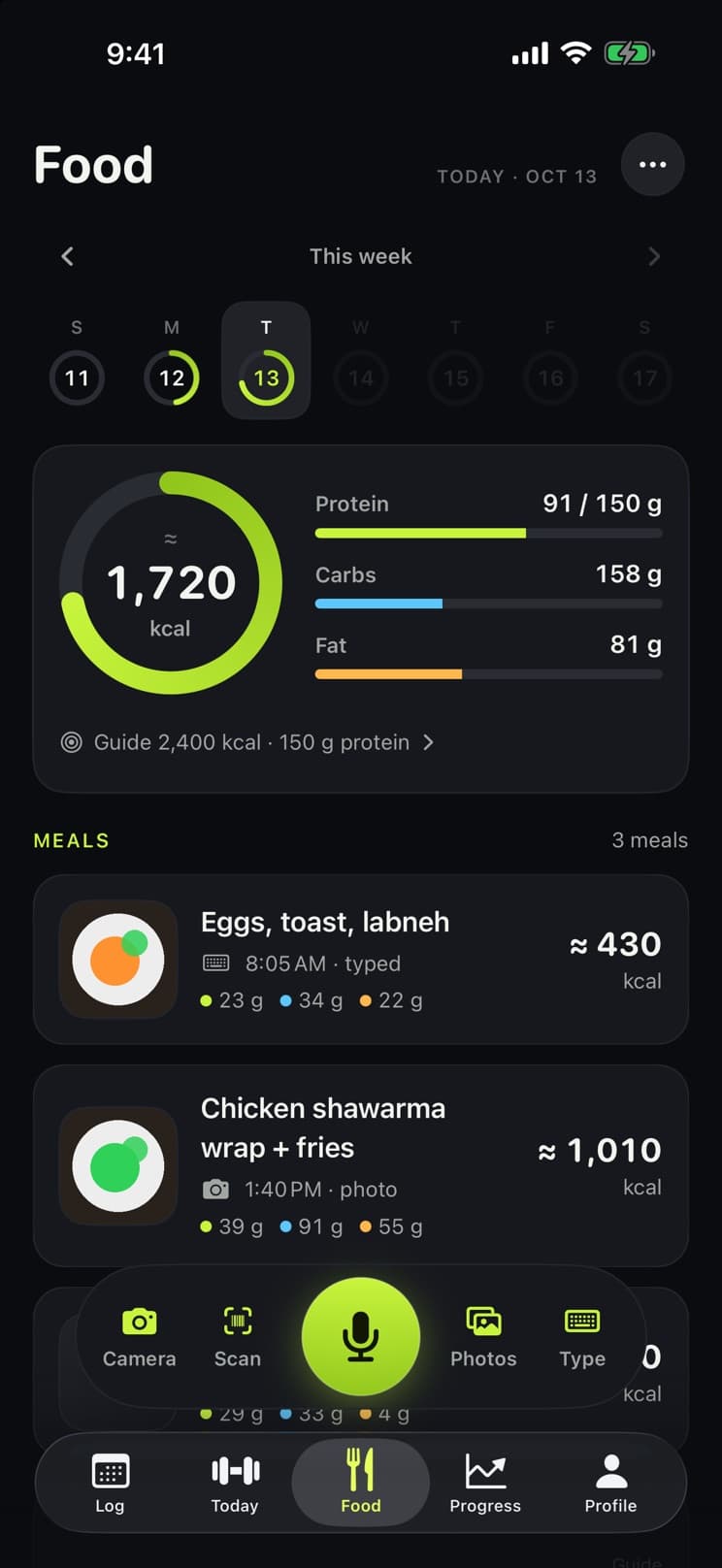 The Food tab: a calorie ring for today, protein, carbs and fat under it, the meals of the day, and a dock with a mic, camera, barcode scan, photos and typing