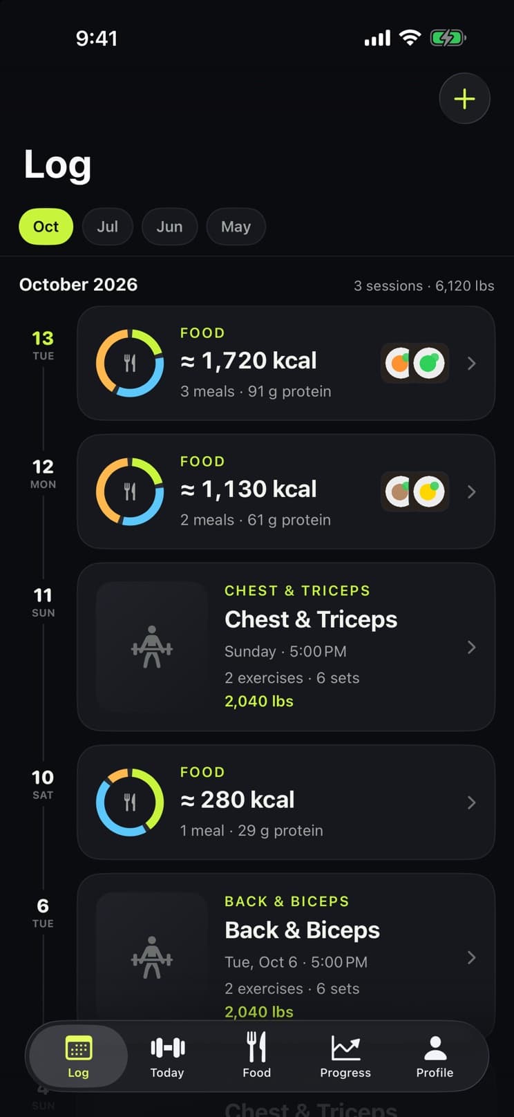 The Log tab in SayLift: food days with calories and protein, and workout sessions with their volume, on one timeline