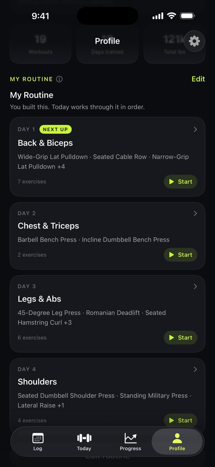 The Profile tab showing an editable four-day routine, with Back and Biceps marked as next up
