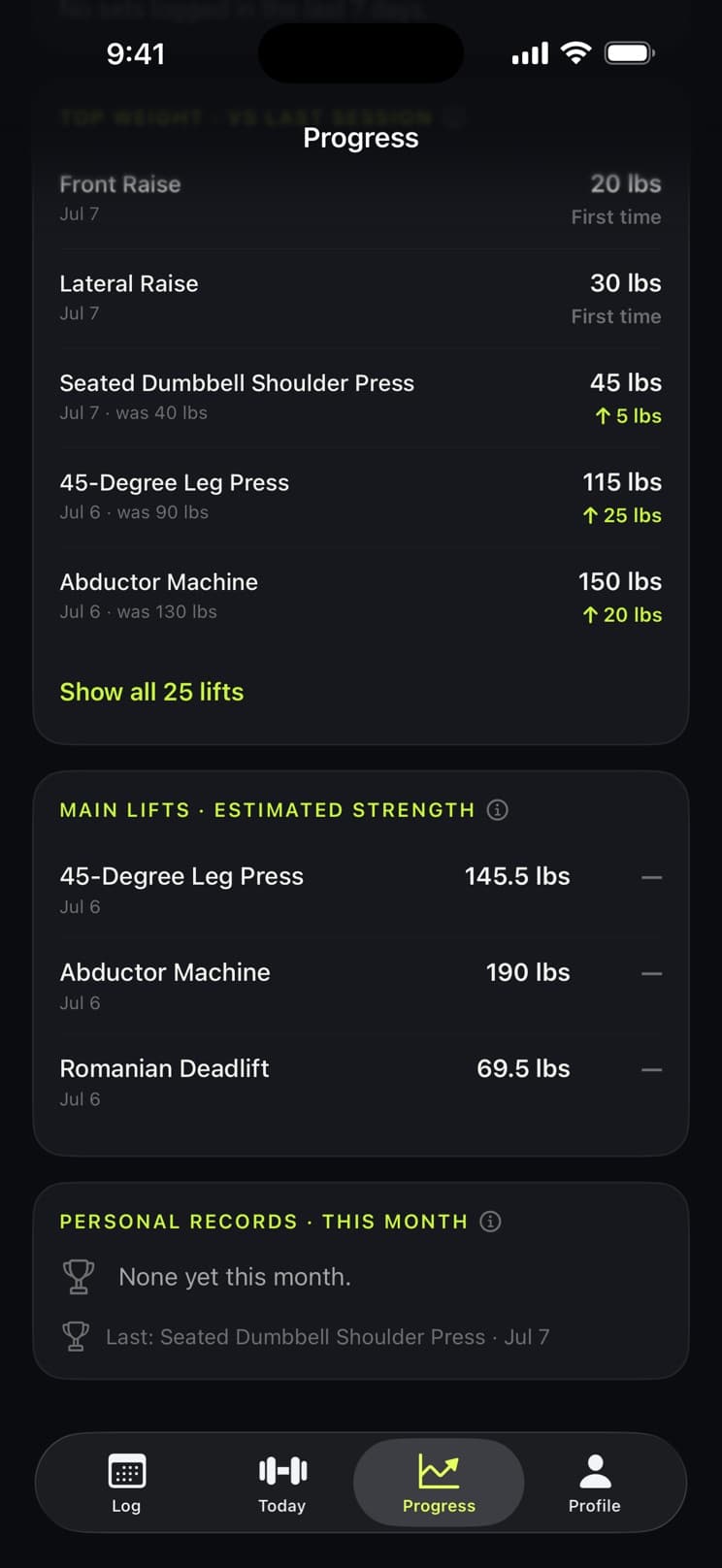 The Progress tab showing each lift's top weight against its last session, estimated strength and personal records